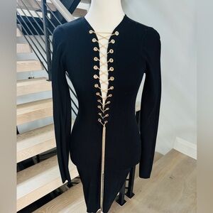 New Black Ribbed Knit Dress with Gold Chain Lace Detail size S